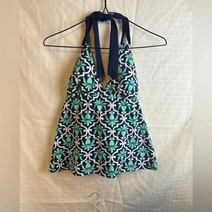 Lands’ End size 8 Teal /blue/white print  Halter Padded tankini swim top